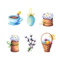 Set with easter eggs, cakes, willow and cup of tea Royalty Free Stock Photo