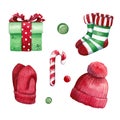 Hand drawn watercolor illustration set of gift box, striped socks, knitted red mittens with hat and candy cane isolated on white Royalty Free Stock Photo