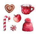 Hand drawn watercolor illustration set of heart shaped gingerbread, hot chocolate with marshmallow in mug, apple, candy cane and Royalty Free Stock Photo