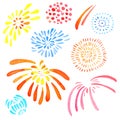 Hand drawn watercolor illustration set of isolated color stylized fireworks