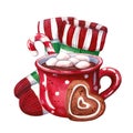 Mug of hot chocolate, socks and christmas sweets Royalty Free Stock Photo