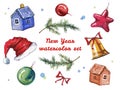 Hand drawn watercolor illustration set of New Year and Christmas decorations. Toys and fir branches Royalty Free Stock Photo