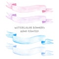 Hand drawn watercolor illustration set of painted ribbon banners pink purple light dark blue