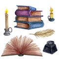 Hand Drawn watercolor illustration. Set with a pile of old books, ink bottle, open book, feathe and candle