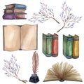 Hand Drawn watercolor illustration. Set with a pile of old books, ink bottle, ink pen, floral twigs, open book, feather Royalty Free Stock Photo