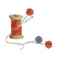 Hand drawn watercolor illustration sewing craft embroidery supplies. Wooden red thread spool skein bobbin, pin needles