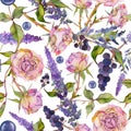 Hand drawn watercolor illustration shabby boho botanical flowers leaves. Rose hip pearl beads veronica lavender indigo