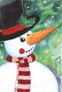 Hand drawn watercolor illustration. A snowman in a black top hat with a red ribbon with sprigs of holly and holly. Green