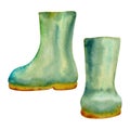 Hand drawn watercolor illustration spring gardening, footwear green rubber rain gum boots shoes wellington. Single