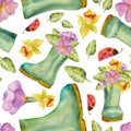 Hand drawn watercolor illustration spring gardening, rubber wellington boots with flowers and leaves, ladybug. Seamless