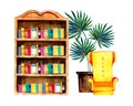 Hand drawn watercolor illustration with stylized interior - bookshelf, armchair and flower pot