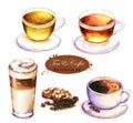 Cup of the black and green tea, coffee espresso and latte isolated on the white background.