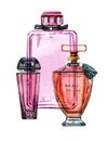 Hand drawn watercolor illustration with three purple transparent women perfume bottles