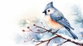 Hand drawn watercolor illustration of a titmouse sitting on a tree branch. Generative AI