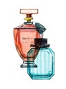 Hand drawn watercolor illustration with two transparent women perfume bottles Royalty Free Stock Photo