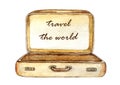 Watercolor vintage opened old brown leather suitcase isolated on white background. Travel the world