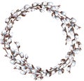 Round frame of twisted willow branches. Easter wreath isolated on white background Royalty Free Stock Photo