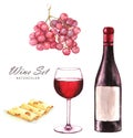 Hand-drawn watercolor illustration of the wine bottle, grape, sliced cheese and one glass of red wine Royalty Free Stock Photo