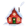 Hand-drawn watercolor illustration of winter rural house isolated on white background. Cozy red home with green door covered with Royalty Free Stock Photo