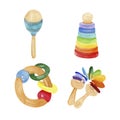 A hand-drawn watercolor illustration with wooden toys highlighted on a white background: a pyramid, a maracas, a rattle