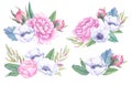 Hand drawn watercolor illustrations. Bouquets with spring leaves