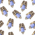 Hand drawn watercolor and ink seamless pattern of toy rabbit in a dress. Decorative retro chevron