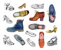 Hand drawn watercolor and ink set of colorful and outline shoes Royalty Free Stock Photo