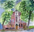 Hand drawn watercolor and ink urban sketch. Red house in village. City garden. Historical architecture. Traditional exterior. Gard Royalty Free Stock Photo