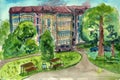 Hand drawn watercolor and ink urban sketch. Red house village. City garden. Historical architecture. Traditional exterior. Gardeni Royalty Free Stock Photo