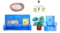 Hand drawn watercolor interior with stylized furniture. Plant, sofa, lamp, mirror and armchair Royalty Free Stock Photo