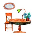 Hand drawn watercolor interior with stylized furniture. Table, lamp, mirror, plant and chair