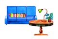 Hand drawn watercolor interior with stylized furniture. Table and sofa