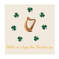 Hand-drawn watercolor irish harp with clovers for St. Patrick`s day