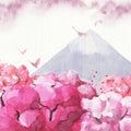 Hand drawn watercolor Japanese landscape. Sakura trees, mount Fuji and silhouettes of birds.