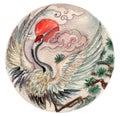 Hand drawn watercolor Japanese Red-crowned Crane or The Kushiro tattoo