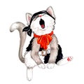 Hand drawn watercolor kitten with red bow. Singer cat.