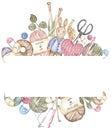 Hand-drawn watercolor knitting elements frame clipart. crafts and Hobbies wreath illustration, needles