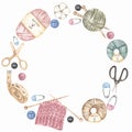 Hand-drawn watercolor knitting elements frame clipart. crafts and Hobbies wreath illustration, needles