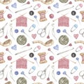 Hand-drawn watercolor knitting elements repeat paper. crafts and Hobbies seamless pattern Royalty Free Stock Photo