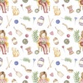 Hand-drawn watercolor knitting elements repeat paper. crafts and Hobbies seamless pattern:the girl knits on needles with cat