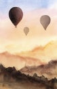 Hand drawn Watercolor landscape background. Illustration with silhouette hot air balloon in sunset sky Royalty Free Stock Photo