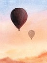 Hand drawn Watercolor landscape background. Illustration with silhouette hot air balloon in sunset sky Royalty Free Stock Photo