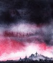 Hand drawn watercolor landscape of doomsday. Scary black storm clouds moving in on blurry dark silhouettes of city against pink