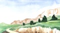 Hand drawn watercolor landscape light illustration. Mountain range Crimea White rock, green valley grass with trees. Summer day