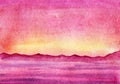 Hand drawn watercolor Landscape. Pink sunset sky and see. Dark silhouette of further mountains.