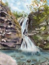 Hand Drawn Watercolor Landscape With Waterfall in Forest