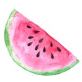 Hand drawn watercolor large watermelon piece with brown seeds isolated on white background