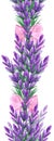 Hand drawn watercolor lavender bouquet with a bow seamless border isolated on white background. Can be used for wrapping, Royalty Free Stock Photo