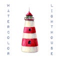 Hand drawn watercolor lighthouse illustration. red striped lighthouse isolated on white. It`s perfect for card, postcard, poster, Royalty Free Stock Photo