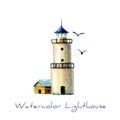 hand drawn watercolor lighthouse illustration. White lighthouse with gulls isolated. It's perfect for card, postcard, poster, Royalty Free Stock Photo